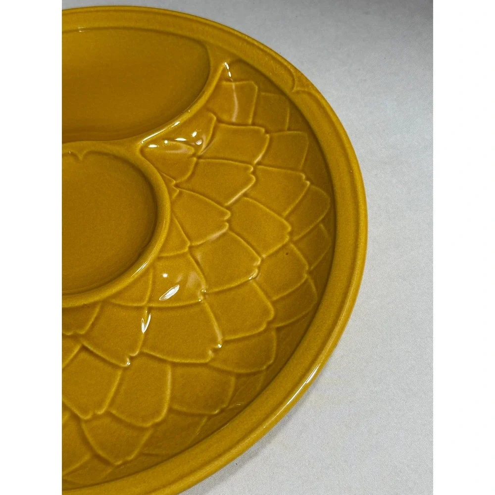 Vintage Salins France Artichoke Plate Mustard Yellow Ceramic Petal Serving Dish